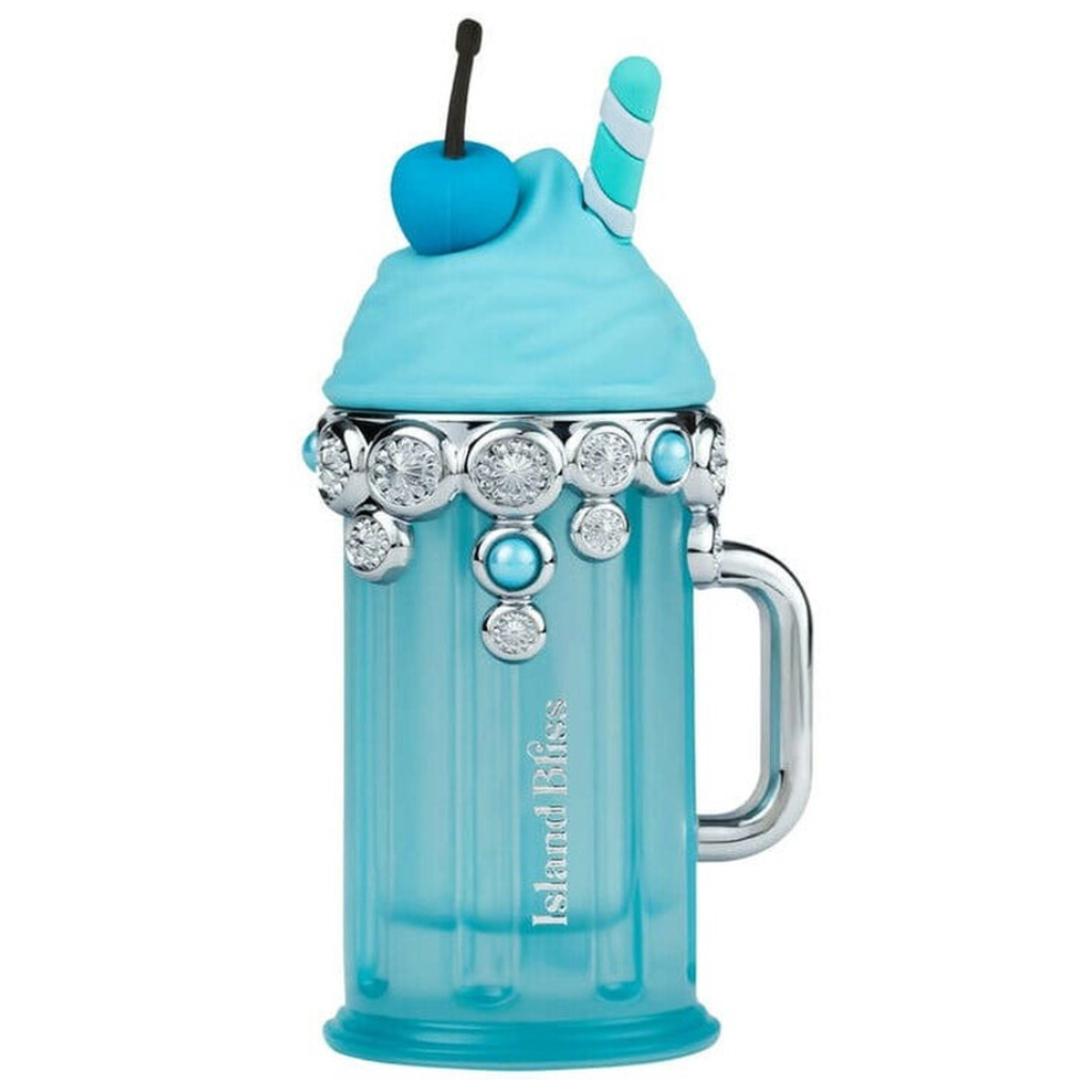 Delight Island Bliss EDP perfume bottle shaped like a blue dessert mug with silver and blue jewel accents