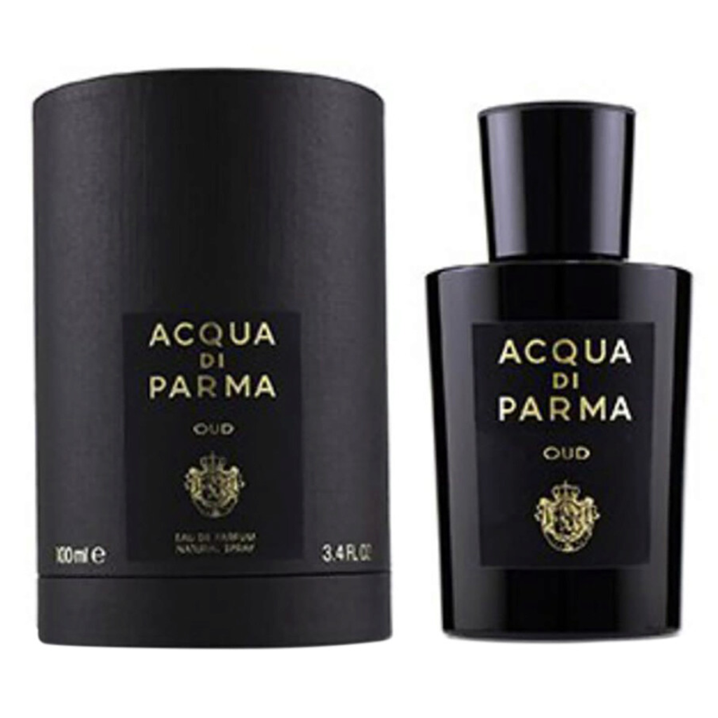 Black bottle and packaging of Oud EDP fragrance with gold lettering and emblem design