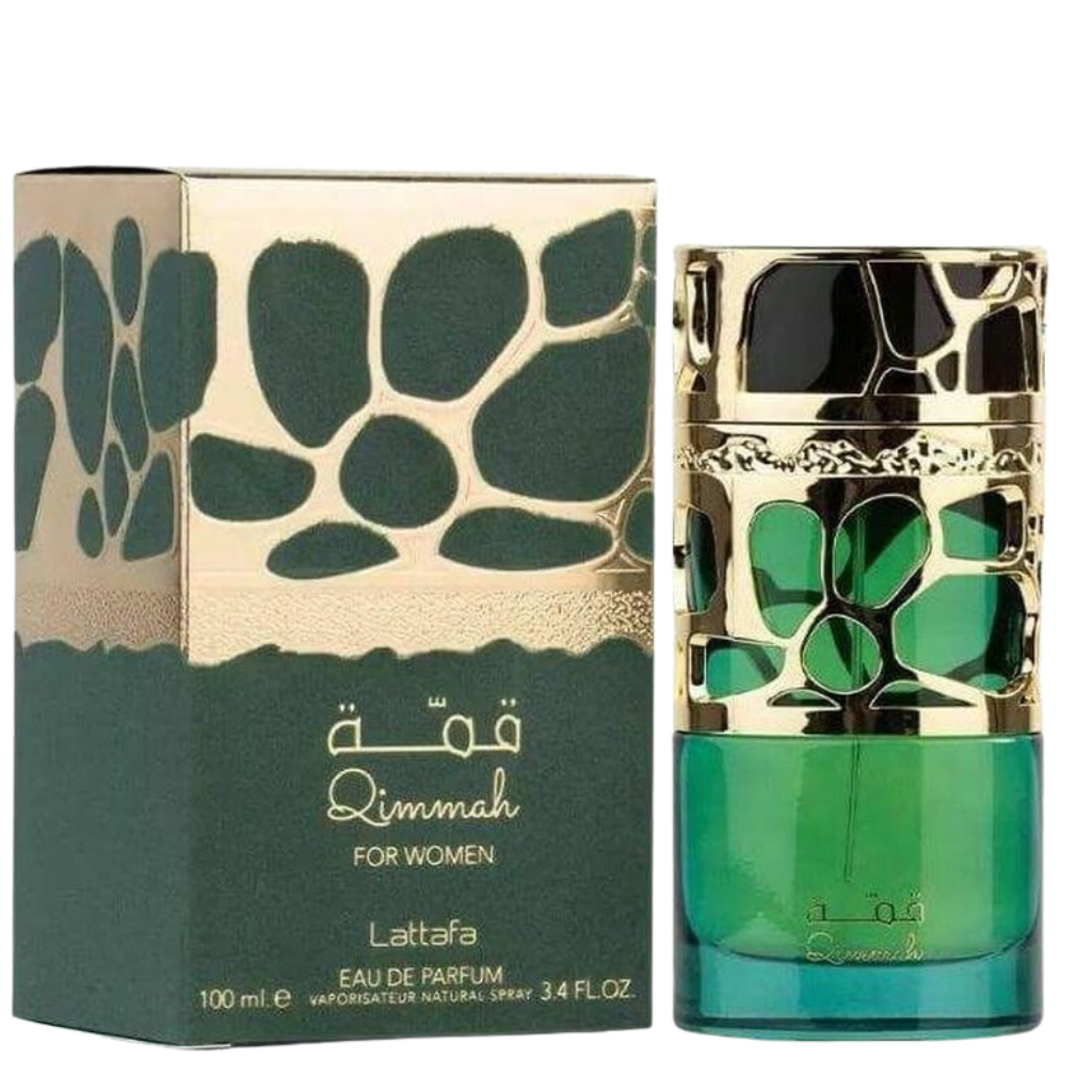 Qimmah Women EDP perfume bottle and box with green and gold floral design for women’s fragrance collection