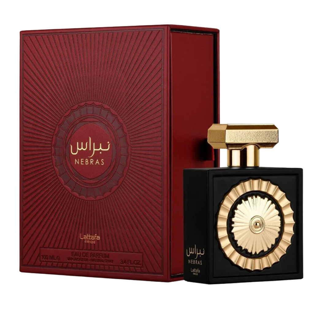 Elegant black and gold bottle of Pride Nebras EDP with a matching deep red textured box packaging