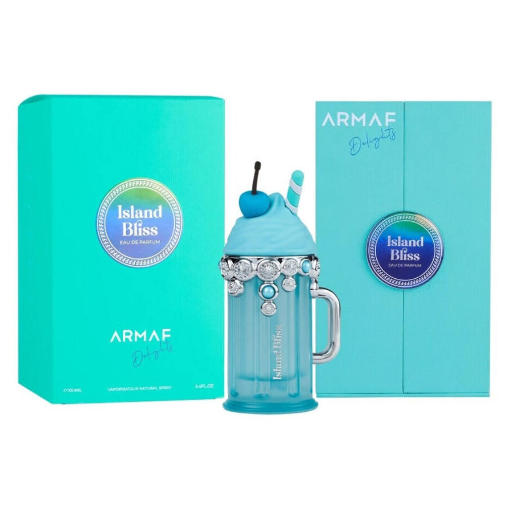 Delight Island Bliss EDP bottle with ocean blue design and matching turquoise packaging for fragrance decants.