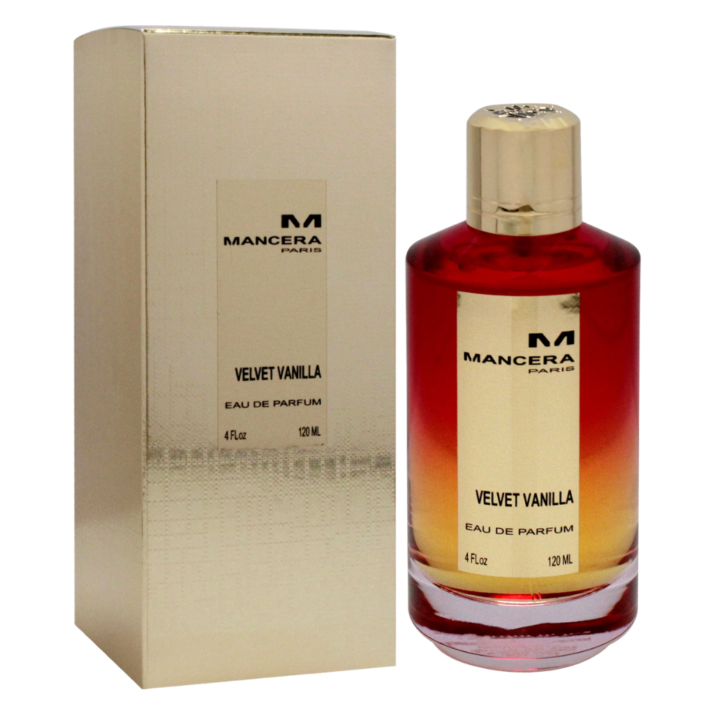 Velvet Vanilla EDP perfume bottle with gradient red and gold design next to matching gold-toned box packaging