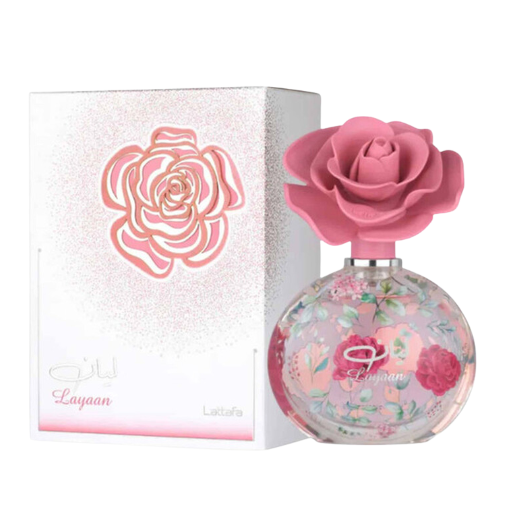 Layaan EDP perfume bottle with pink floral design and matching decorative flower cap beside white packaging box