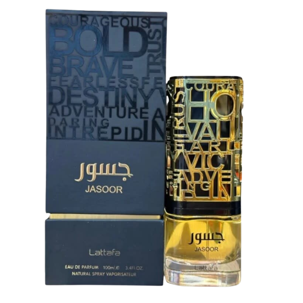 Jasoor EDP perfume bottle with gold and black design next to black and gold packaging with bold words background