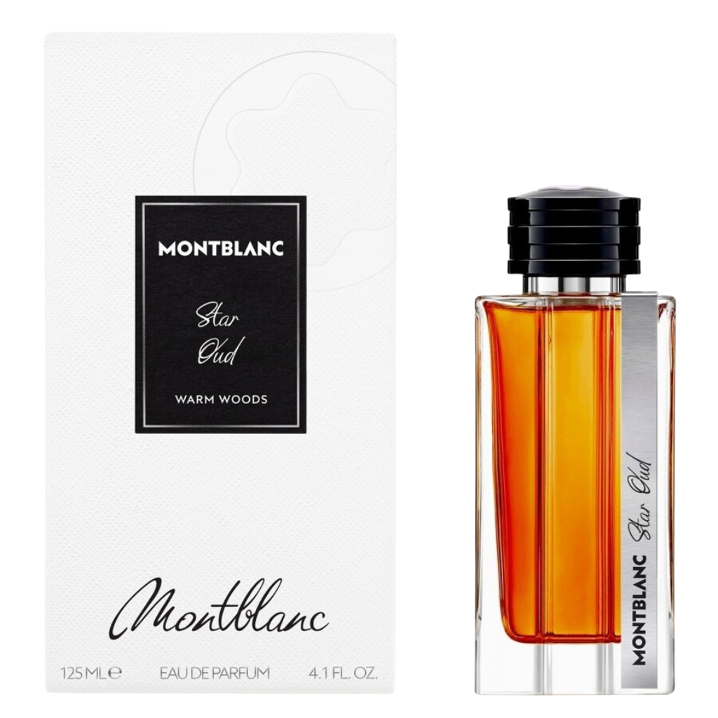 Montblanc Star Oud EDP perfume bottle and white box packaging with warm woods scent design