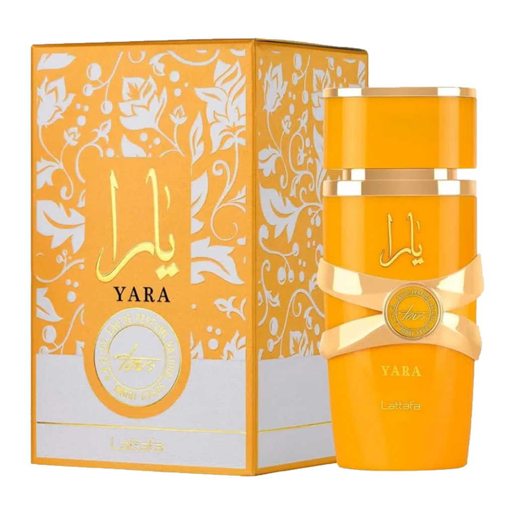 Bright yellow Yara Tous EDP perfume bottle with decorative gold accents and matching floral patterned box packaging