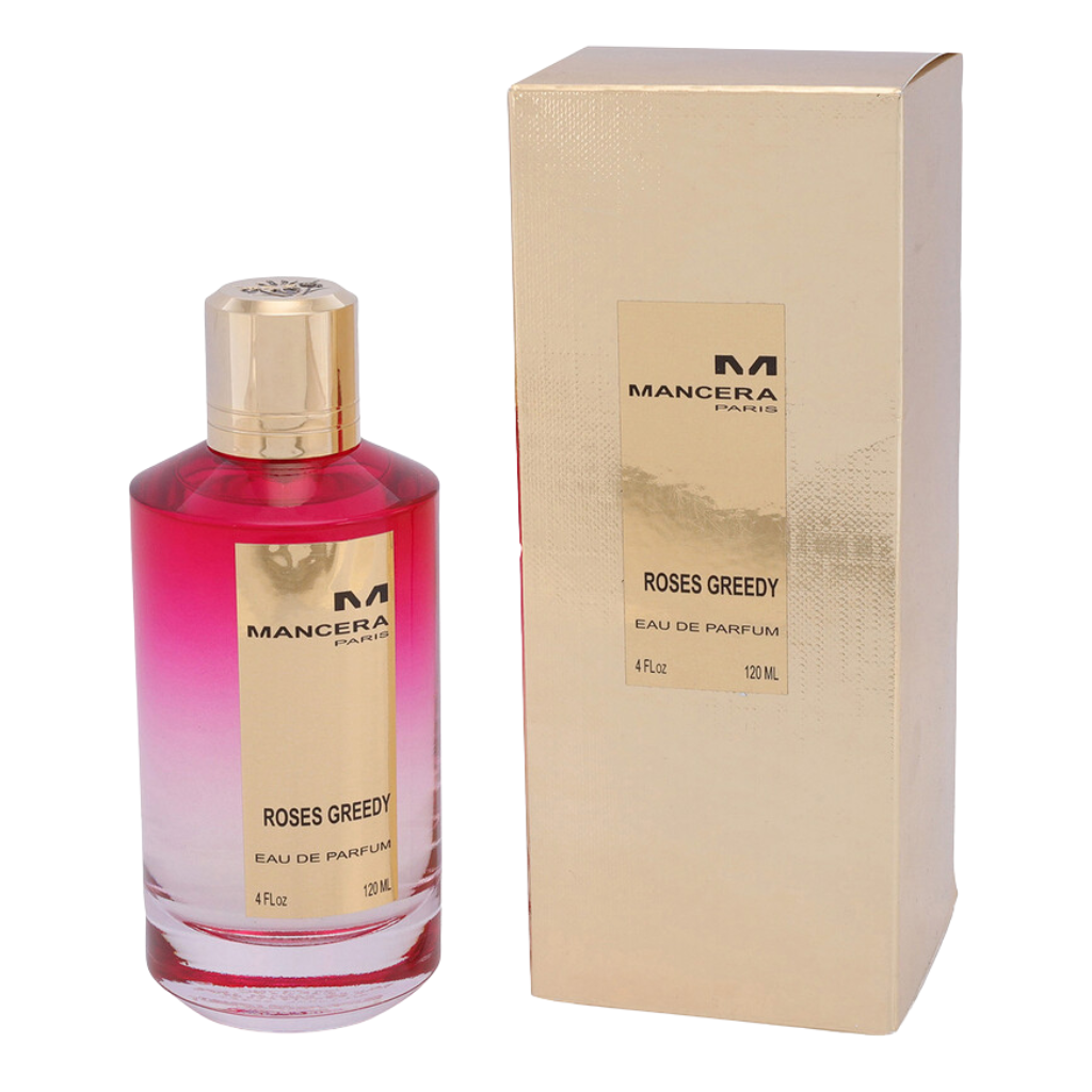 Roses Greedy EDP perfume bottle with a gold gradient label next to its shiny gold packaging box