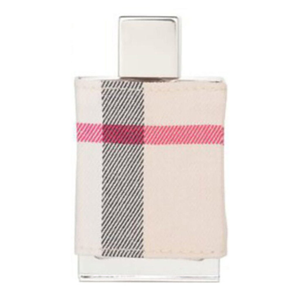 Clear glass bottle with silver cap wrapped in beige fabric featuring black and pink stripes London For Women EDP