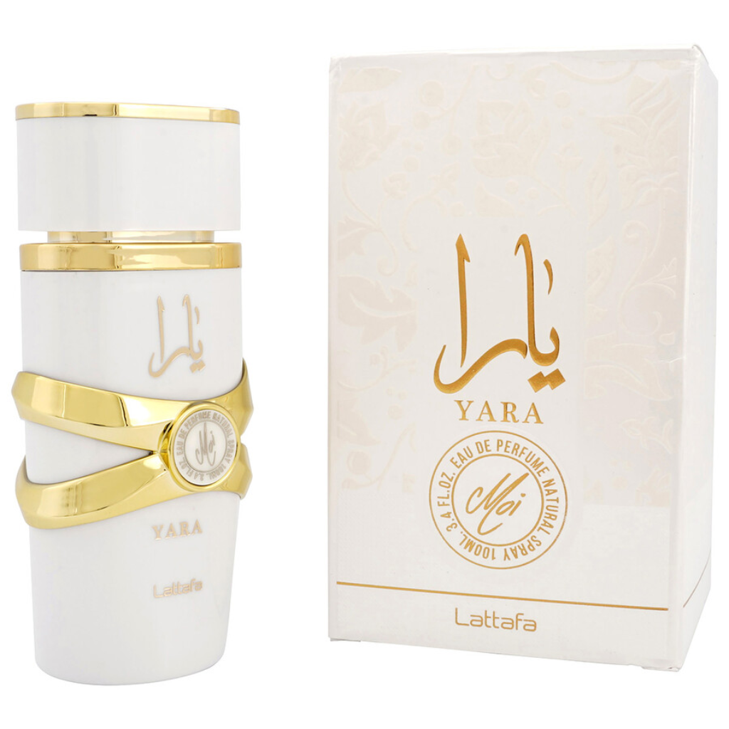 Elegant white and gold bottle with matching box of Yara Moi EDP perfume decants for affordable luxury fragrances