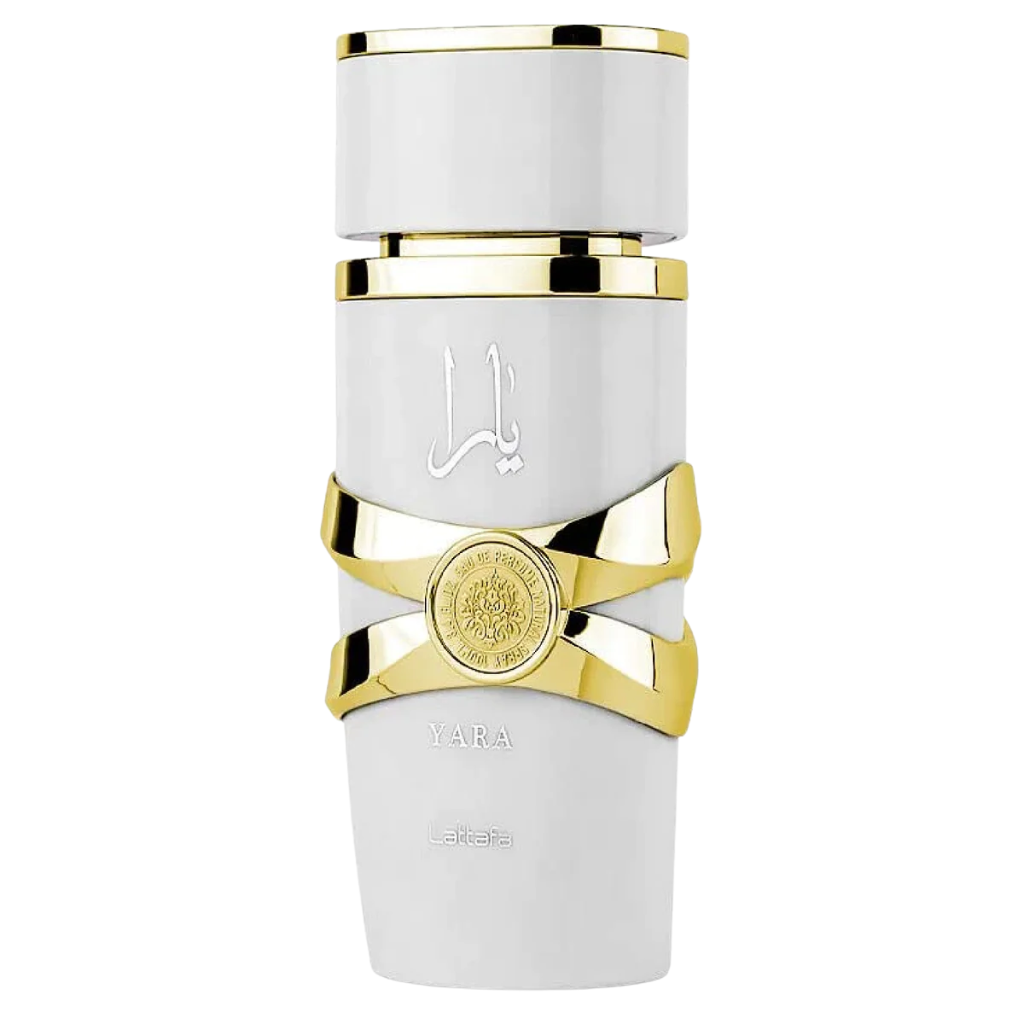 Yara Moi EDP perfume bottle in white with gold accents, featuring elegant curved design and intricate detailing.
