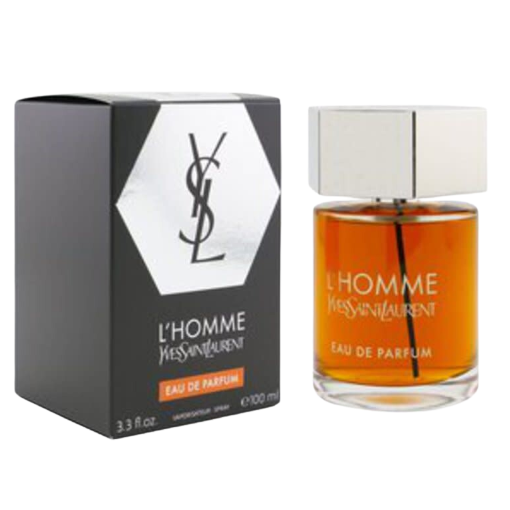 L'Homme EDP fragrance bottle with amber liquid and elegant black and white packaging box side by side