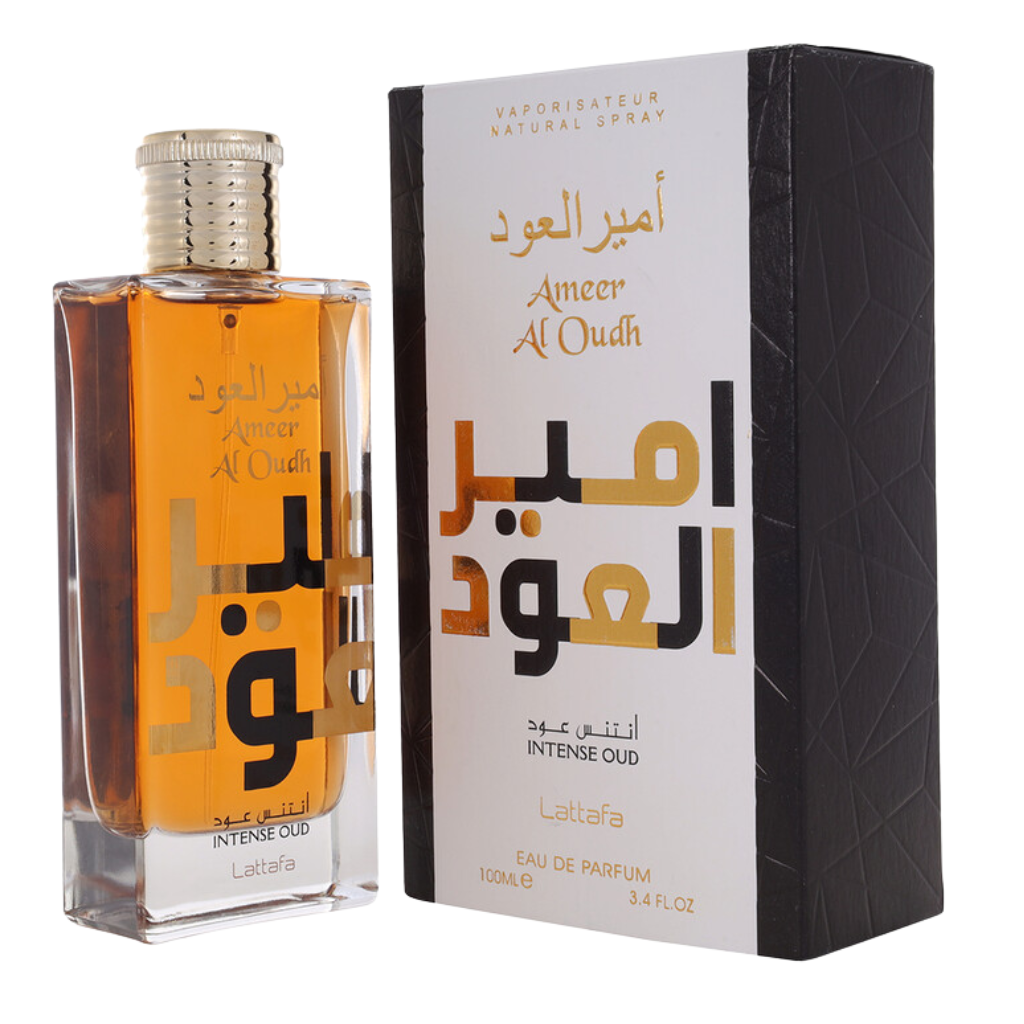 Ameer Al Oud Intense Men EDP bottle with amber liquid and matching box with gold and black Arabic text