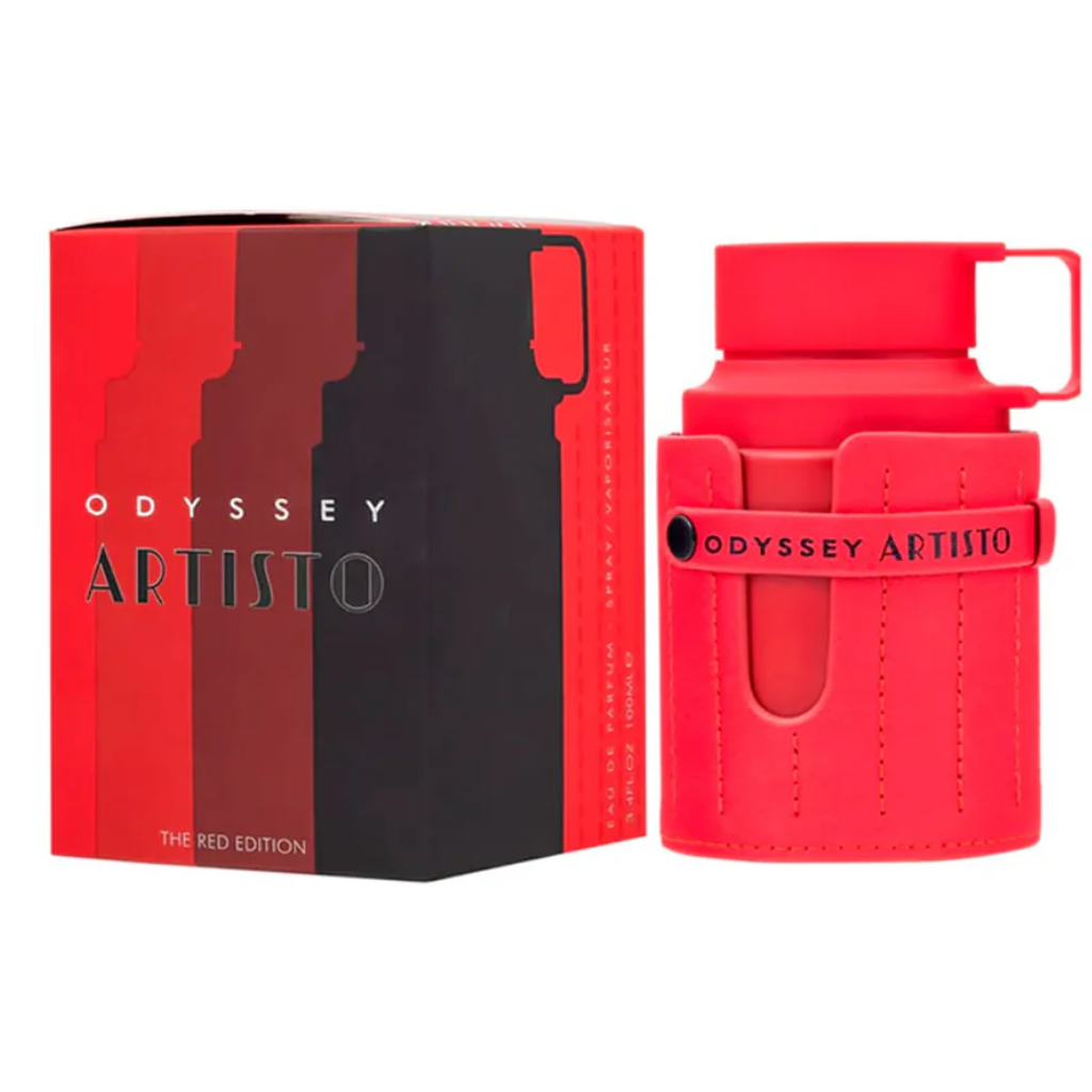 Red cylindrical bottle with leather sleeve next to a black and red box for Armaf Odyssey Artisto Sp EDP fragrance
