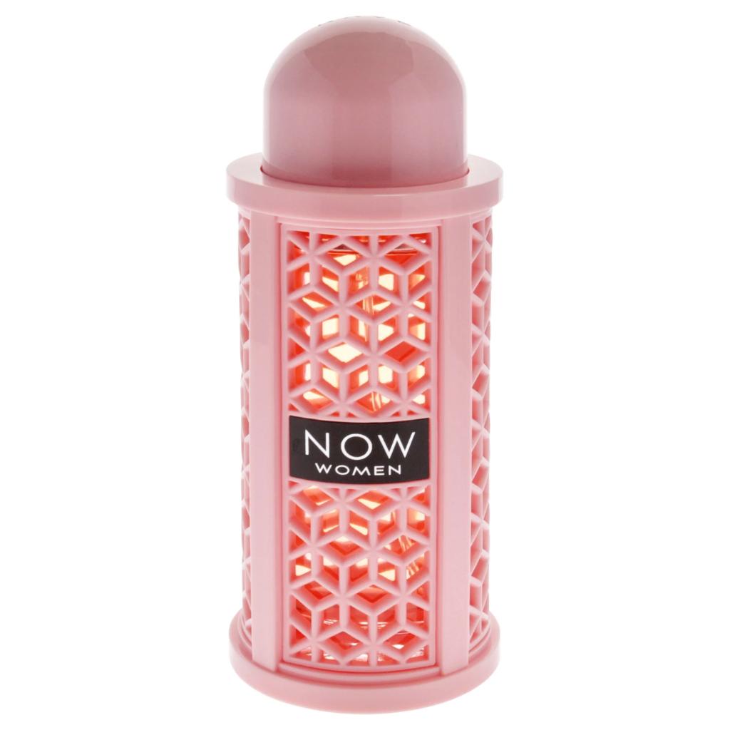 Rave Now Women EDP perfume bottle in pink with geometric lattice design and black label on front