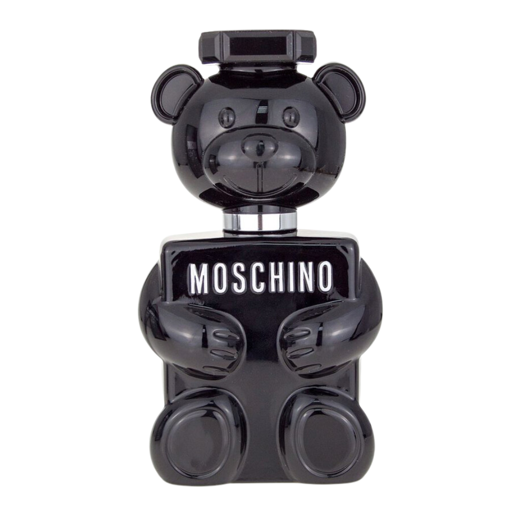 Black bear-shaped bottle of Toy Boy EDP fragrance with MOSCHINO logo on the front panel