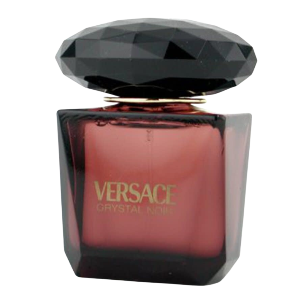 Versace Crystal Noir EDT perfume bottle with dark faceted cap and deep red glass for elegant fragrance decants