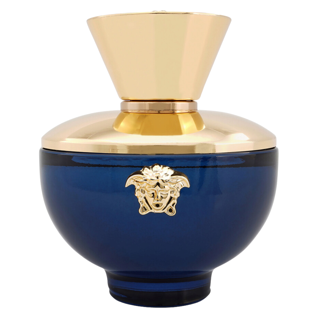 Elegant deep blue and gold bottle of Dylan Blue Pour Femme EDP with decorative emblem on front displaying luxury fragrance design
