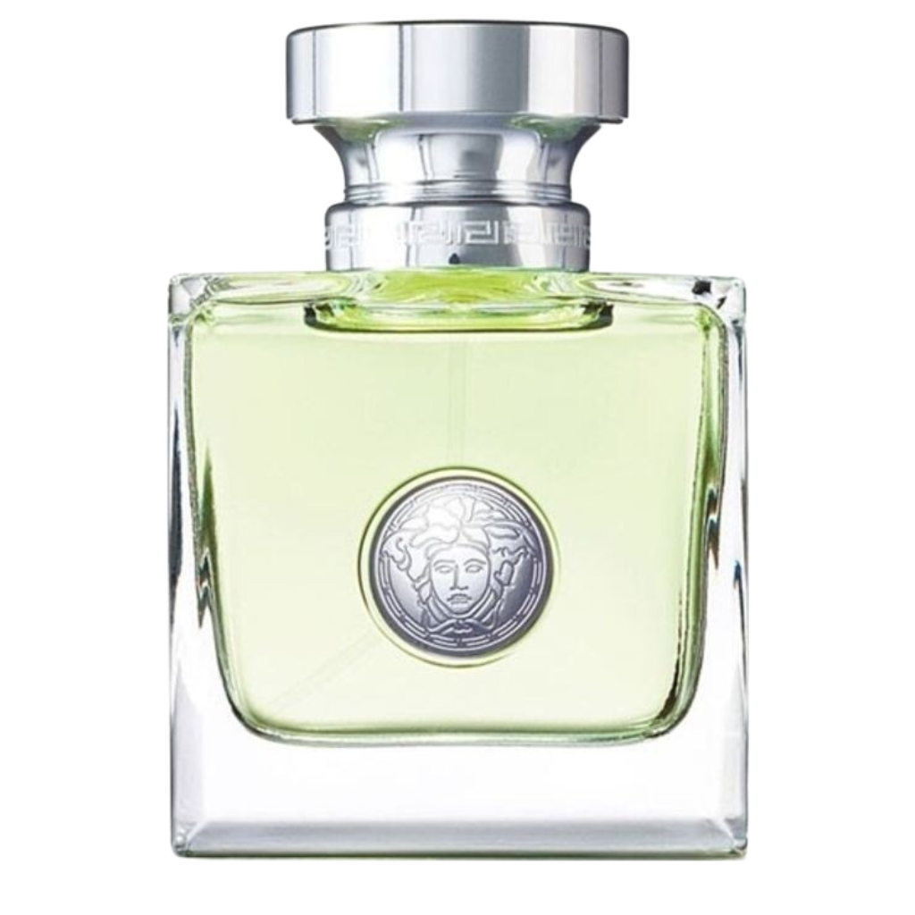 Versence EDT bottle with light green liquid and silver cap featuring Medusa emblem on clear glass container