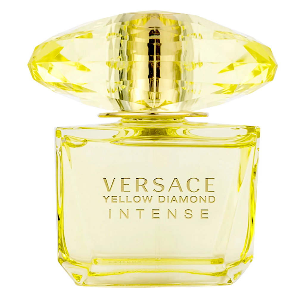 Versace Yellow Diamonds Intense EDP perfume bottle with a large yellow diamond-shaped cap on a white background