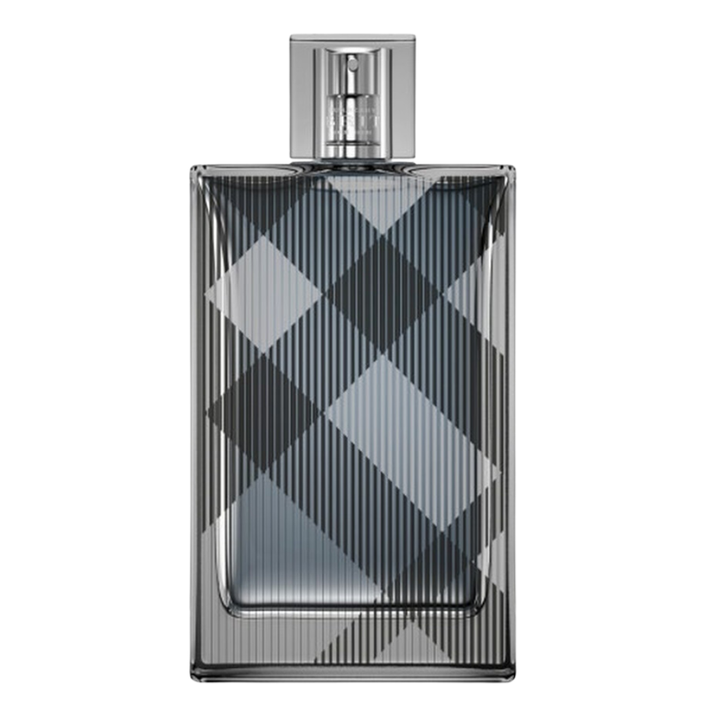 Brit For Him EDT in a sleek glass bottle with a modern plaid pattern and silver spray cap