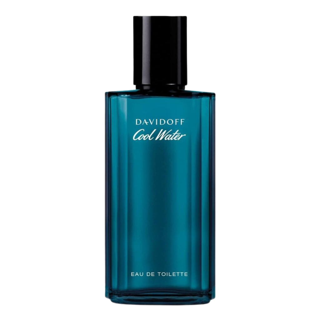 Clear blue glass bottle of Cool Water Men EDT with black cap and white text showcasing a classic design