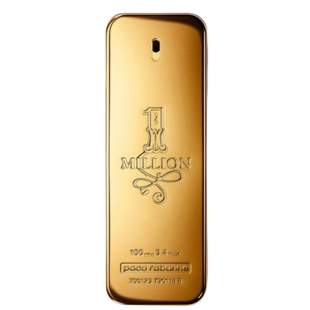 Gold rectangular perfume bottle with embossed "1 Million EDT" text and spray nozzle at the top