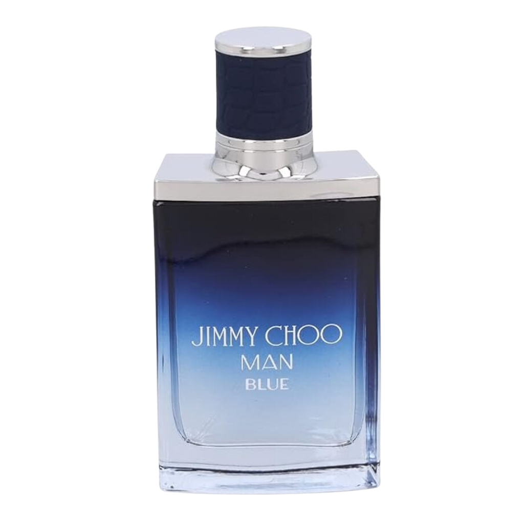 Jimmy Choo Man Blue EDT bottle with gradient blue glass and textured dark cap, luxury men's fragrance product.