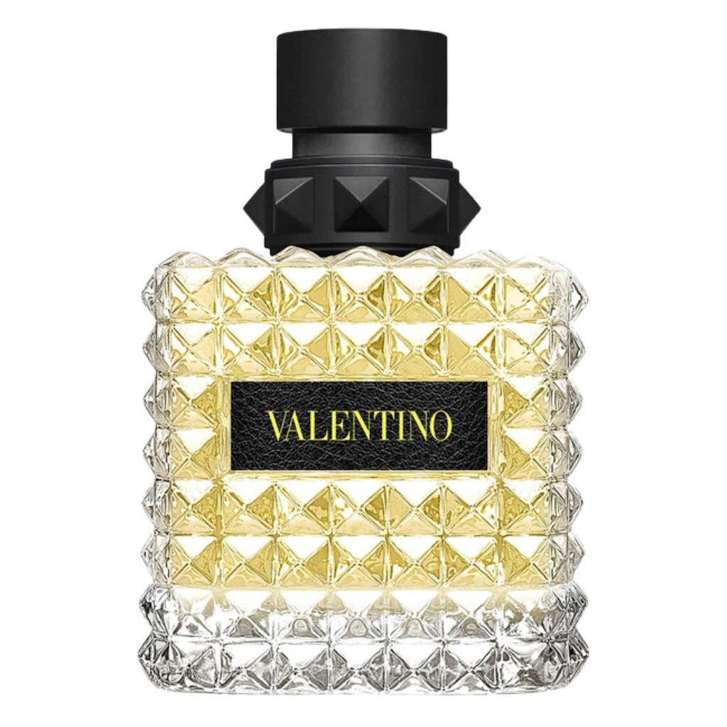 Donna Born In Roma Yellow Dream EDP Tester bottle with textured glass and black studded cap by Valentino