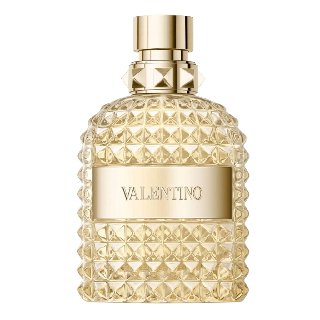 Uomo Born In Roma Gold EDT perfume bottle with a textured gold studded design and metallic gold label.