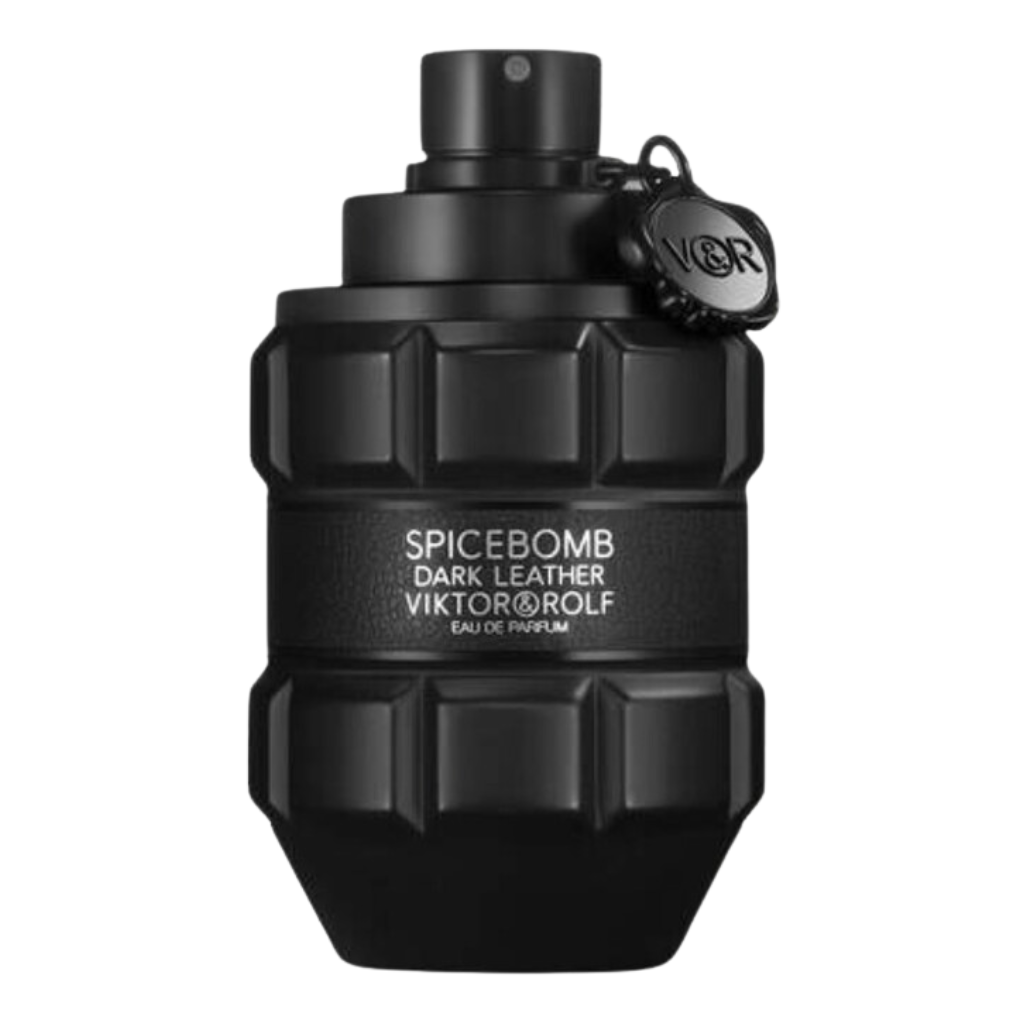 Spicebomb Dark Leather EDP perfume bottle in matte black with textured grip and V&R branded charm on spray nozzle
