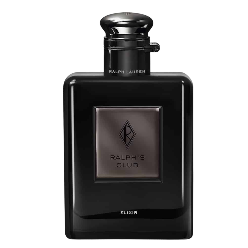 Ralph's Club Elixir EDP black glass perfume bottle with silver cap and dark label against white background