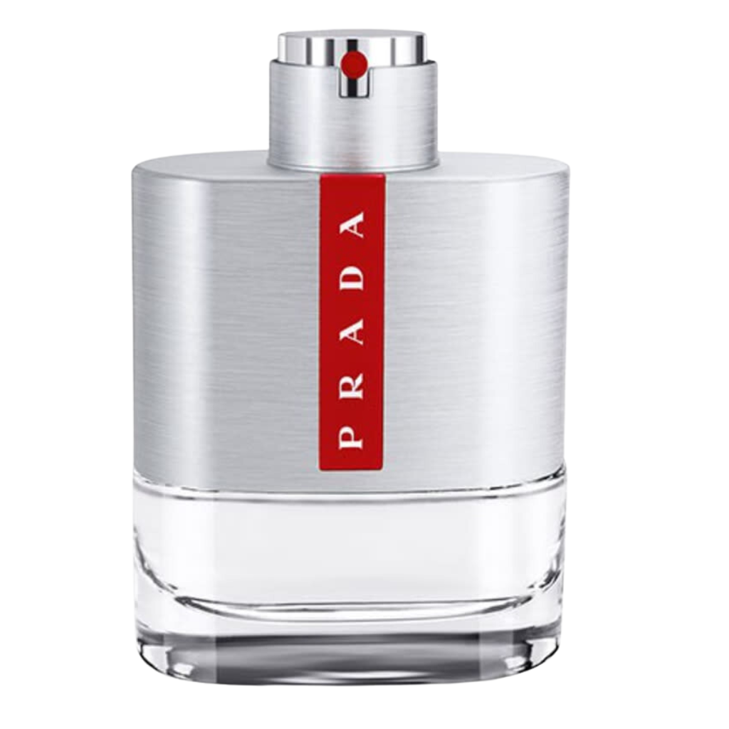 Luna Rossa EDT bottle with silver metallic top and clear glass base featuring red vertical Prada label