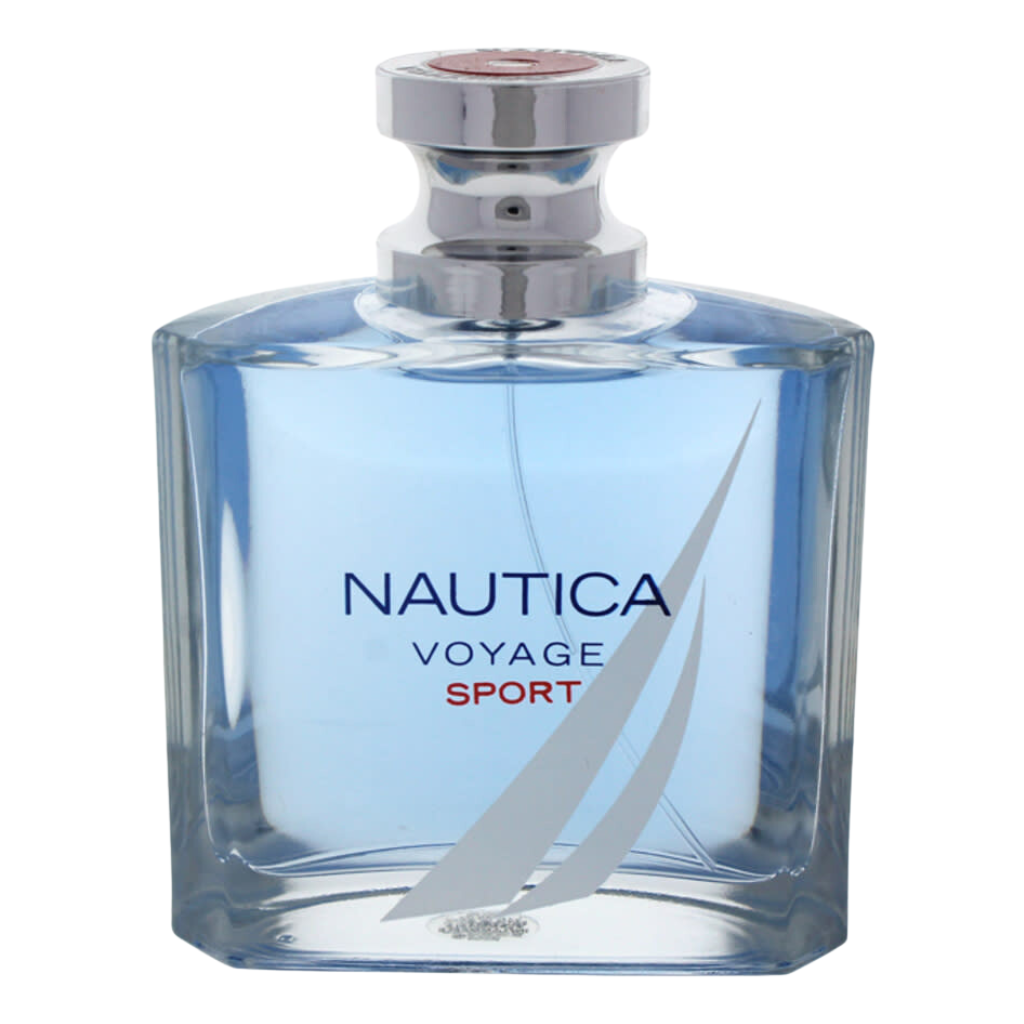 Clear glass bottle of Voyage Sport EDT with light blue liquid and silver cap featuring nautical sail design