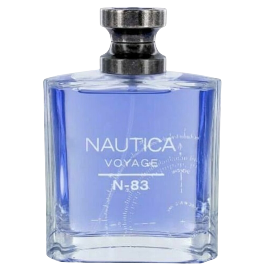 Clear glass bottle of Voyage N-83 EDT with blue liquid and silver cap, minimalist nautical design on front