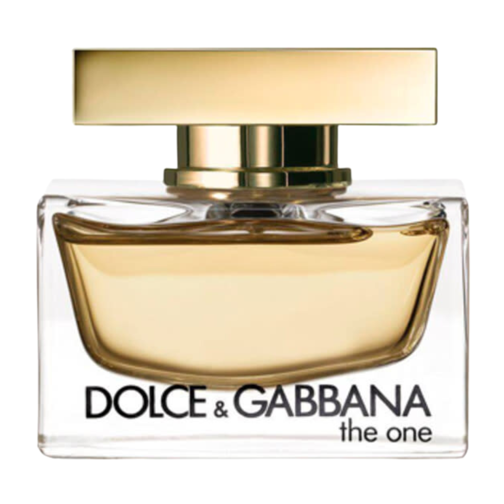 Elegant Dolce & Gabbana perfume bottle with gold cap featuring The One For Women EDP fragrance inside
