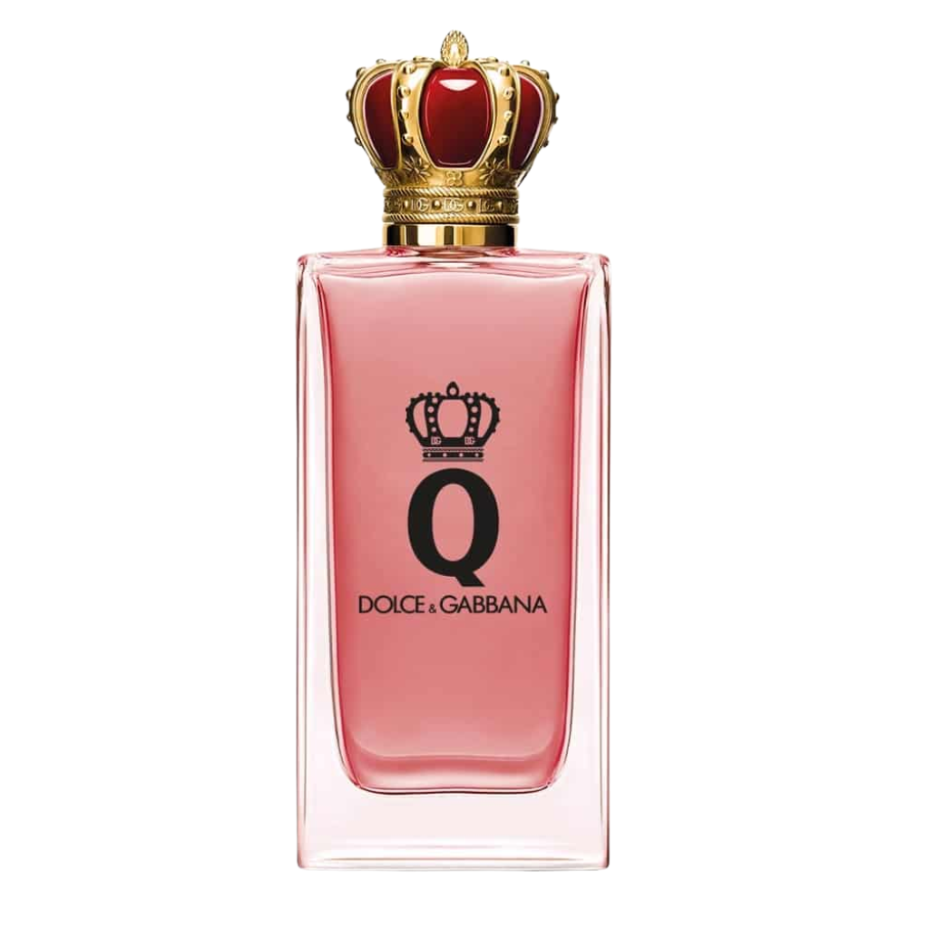 Q Intense EDP perfume bottle with pink liquid and ornate gold crown-shaped cap on white background
