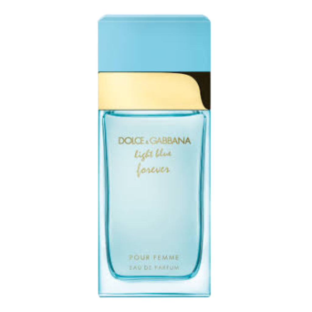 Light Blue Forever EDP perfume bottle with light blue cap and gold accents against white background