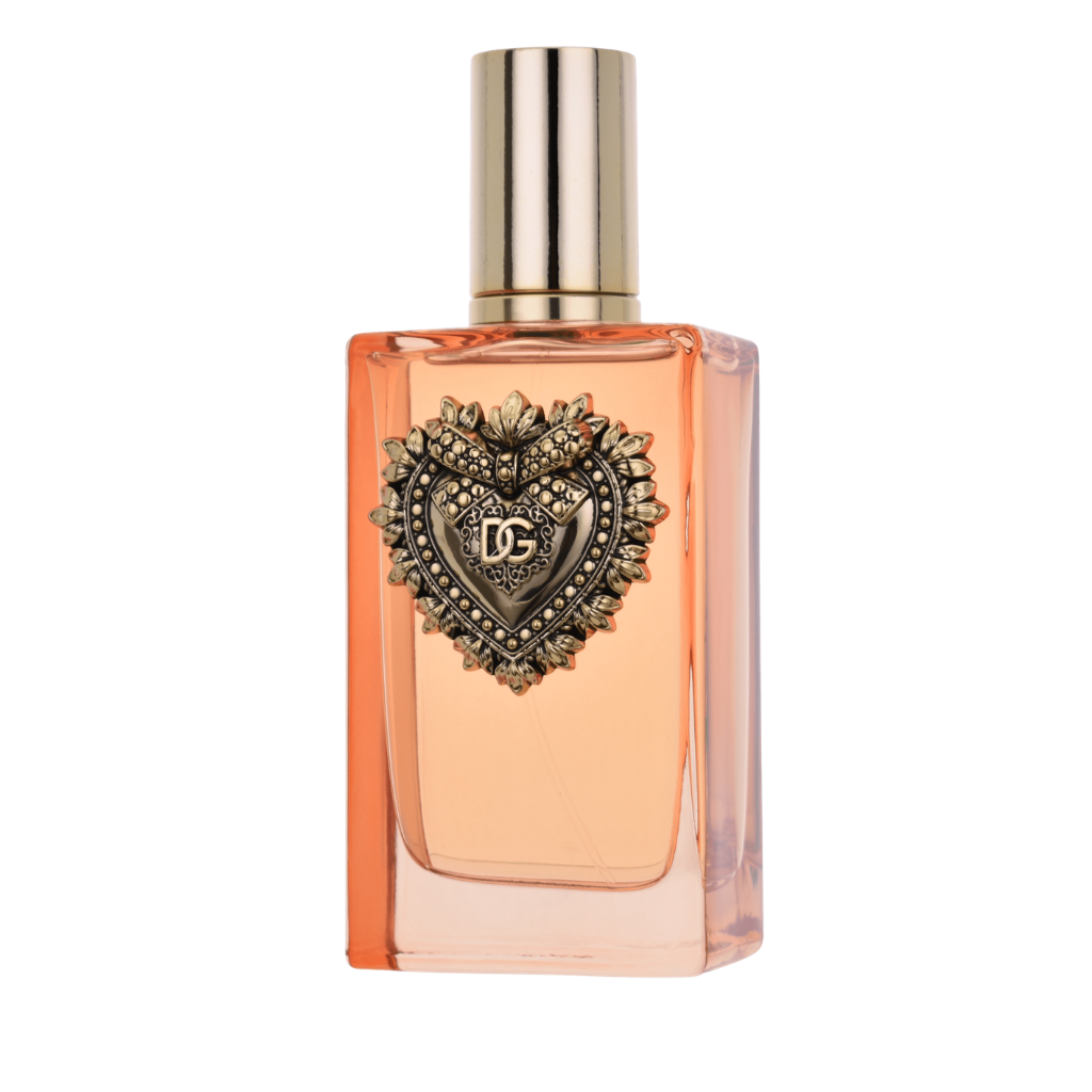 Elegant glass perfume bottle with gold cap and ornate heart emblem for Devotion Intense For Women EDP