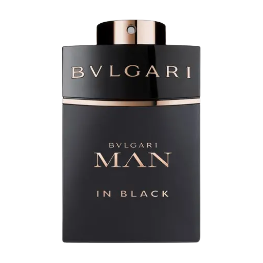 Black fragrance bottle with gold accents labeled Man In Black EDP Tester by Bvlgari