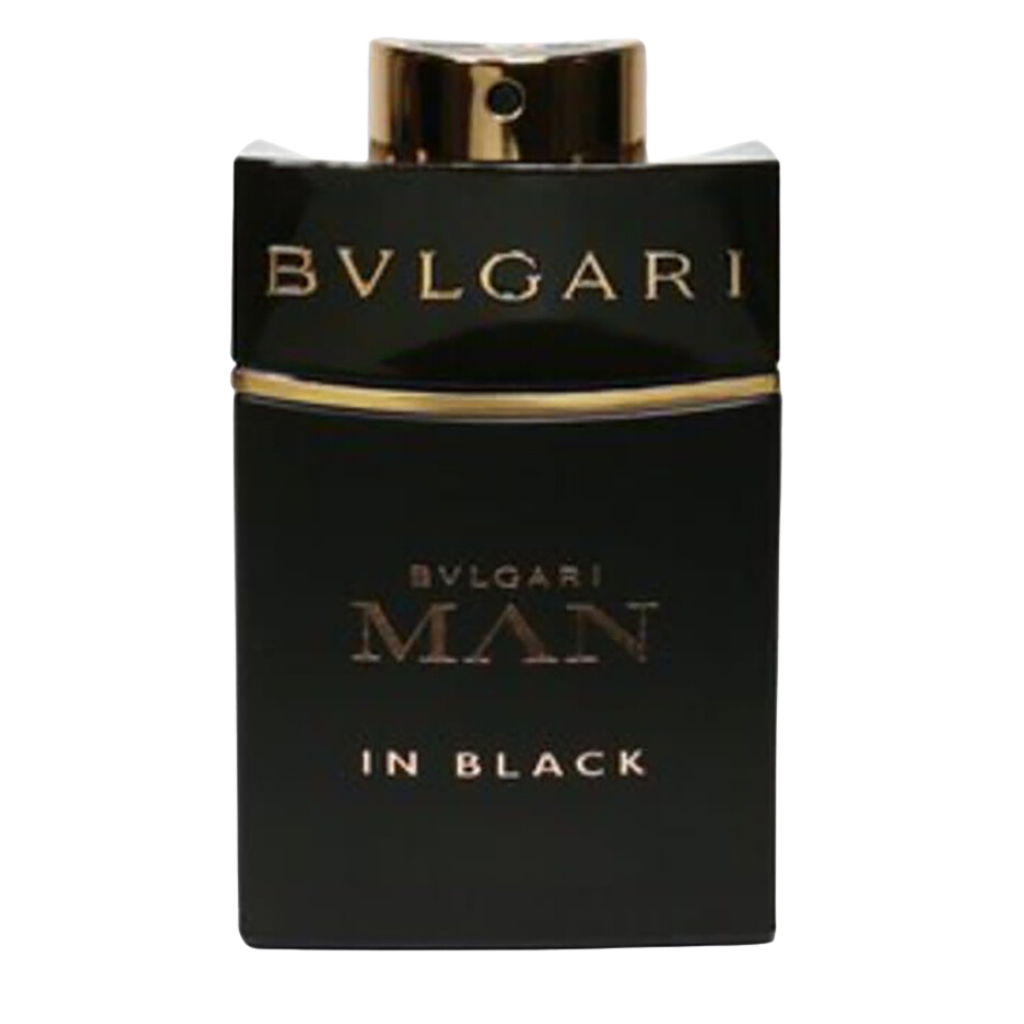 Black elegant perfume bottle featuring gold accents labeled Man In Black EDP for men fragrance collection.