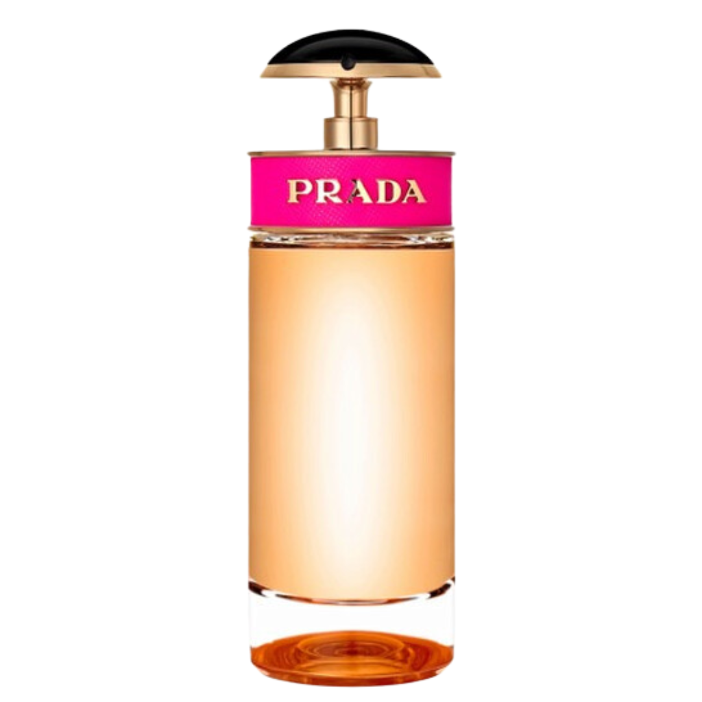 Elegant Candy EDP perfume bottle with amber liquid and pink Prada label for authentic fragrance decants.