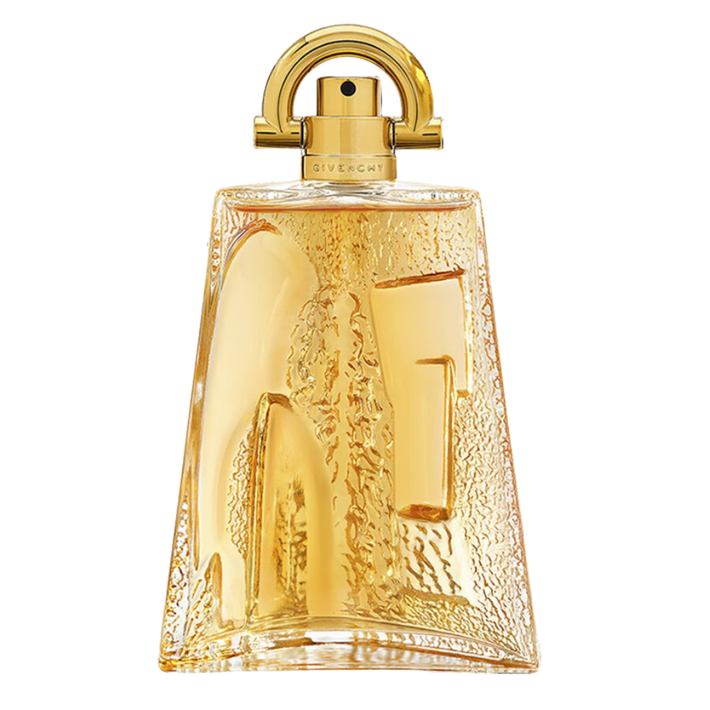 Pi EDT perfume bottle with textured golden glass and curved metallic gold spray nozzle cap design