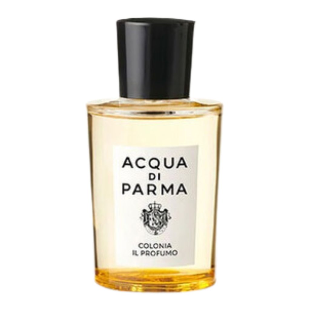 Clear glass bottle with black cap containing Colonia Il Profumo EDP fragrance with minimalist label design