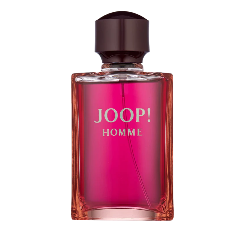Joop Homme EDT perfume bottle with deep pink liquid and dark brown cap, classic masculine fragrance design.