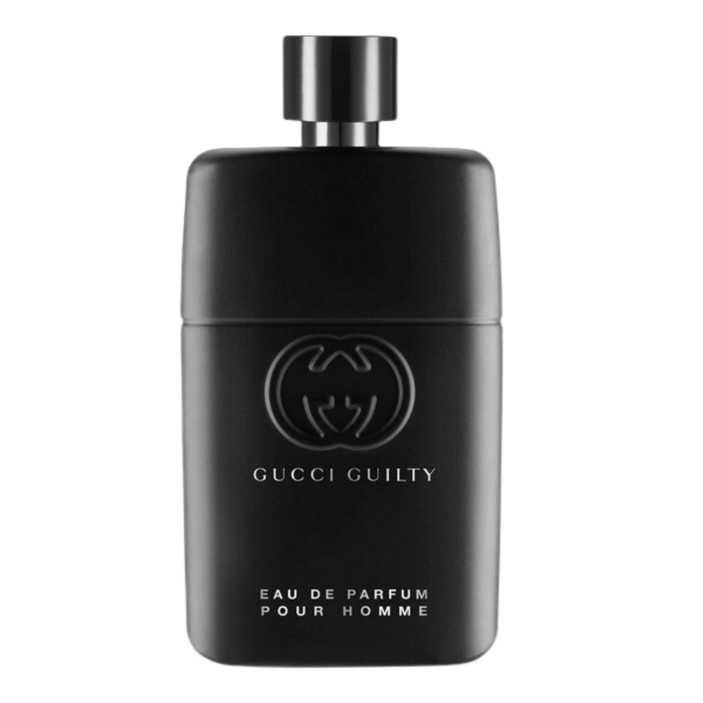 Elegant black bottle of Guilty Pour Homme EDP men's eau de parfum with minimalist design and silver cap