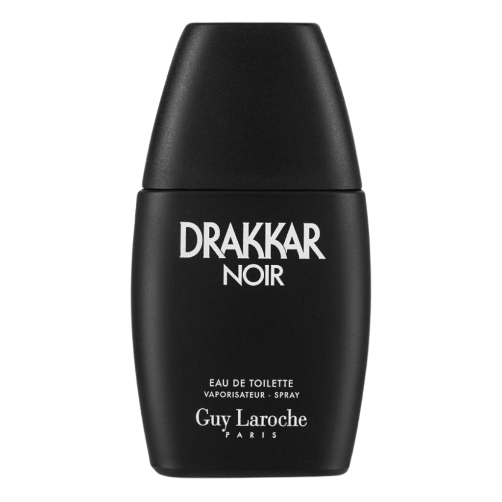 Black sleek bottle of Drakkar Noir EDT by Guy Laroche with white logo and text on smooth matte finish surface