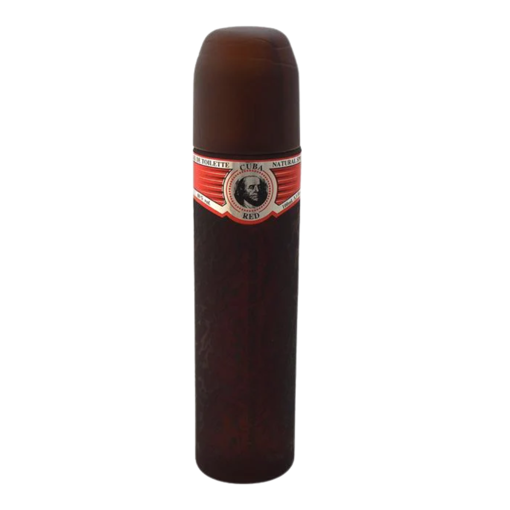 Red EDT perfume bottle designed to resemble a dark brown cigar with a red label and cap.