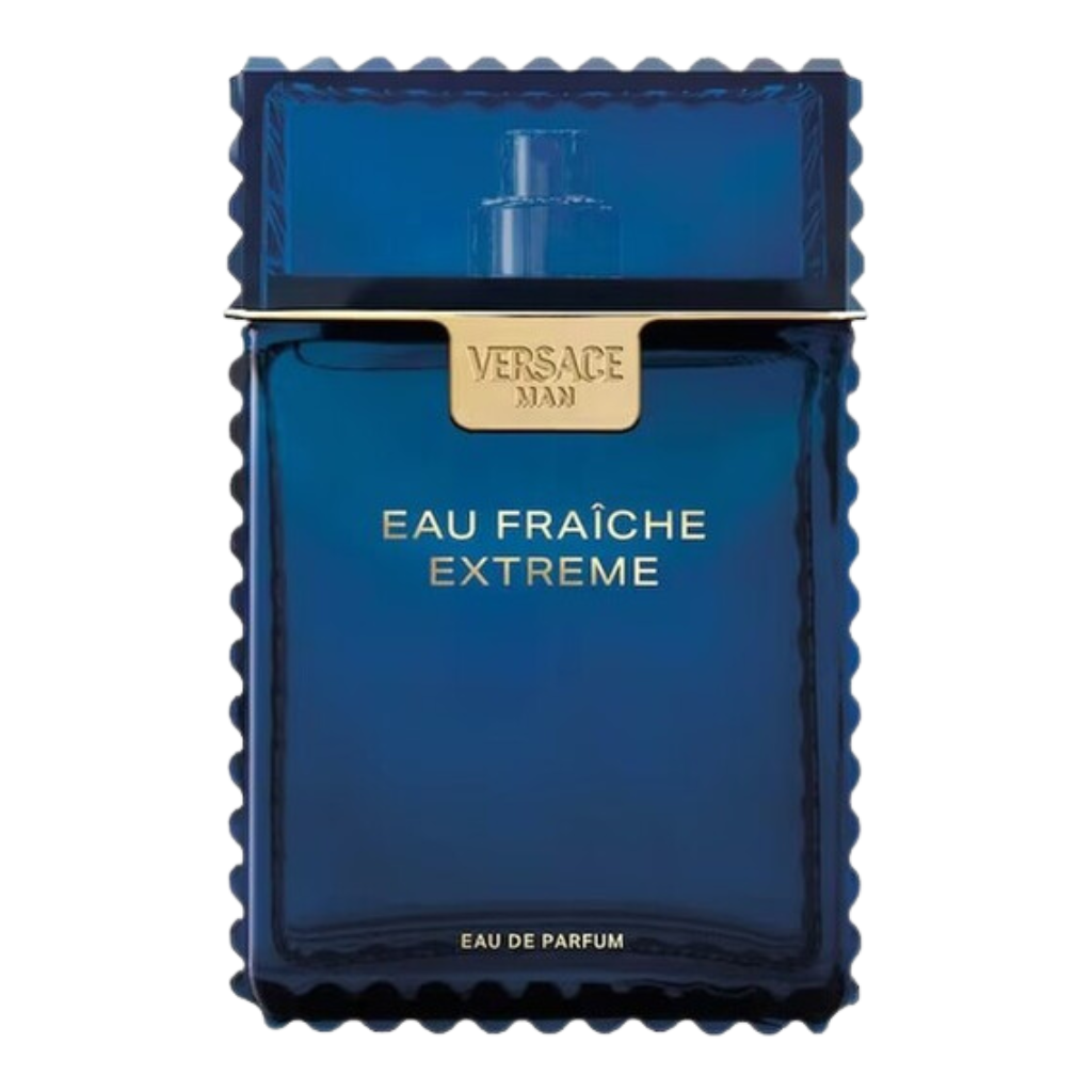 Versace Man Eau Fraiche Extreme EDP Tester in a deep blue bottle with gold detailing for a bold fragrance statement