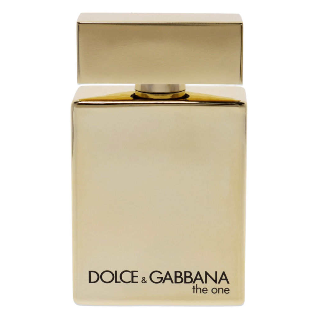 Gold rectangular perfume bottle with DOLCE & GABBANA branding featuring The One Gold Intense EDP text