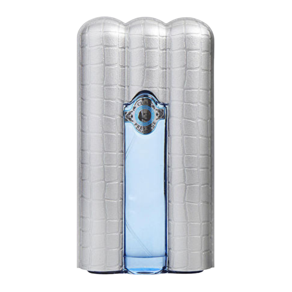 Prestige Platinum EDT fragrance bottle with sleek silver textured design and light blue central glass section.